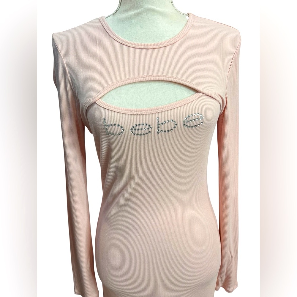 Bebe Y2K Rhinestone Logo Cutout Bodycon Midi Dress Blush Pink Ribbed Size M - Picture 3 of 11